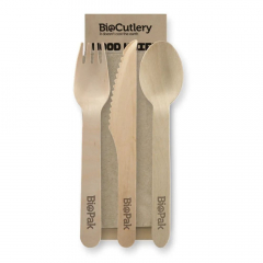 Biopak 16cm Wood Knife, Fork, Spoon & Napkin Set
