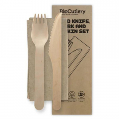 BioPak 16cm Wood Knife, Fork & Napkin Set Pack of 100