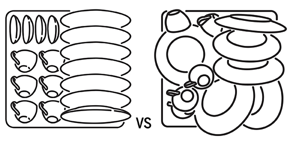 stacking crockery good vs bad line drawing